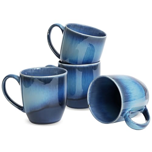 Bosmarlin Ceramic Coffee Mug Set of 4, 17 Oz, Coffee Cups, Microwave Safe, Unique Reactive Glaze (Blue) - color: Blue