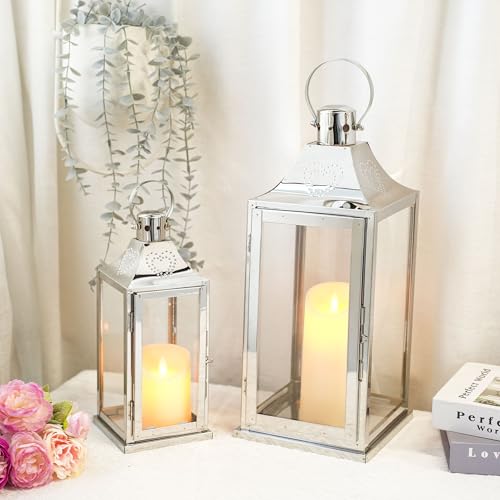 TRIROCKS Set of 2 Stainless Steel Lanterns 17"&12" H Decorative Outdoor Lantern Candle Holder with Tempered Glass for Living Room Wedding Parties Gifts Indoors Outdoors(Silver)
