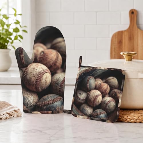 Baseball Heat-Resistant Oven Mitts and Pot Holder Kitchen Non-Slip Silicone Cooking Microwave Gloves for Cooking Baking Grilling - color: Baseball
