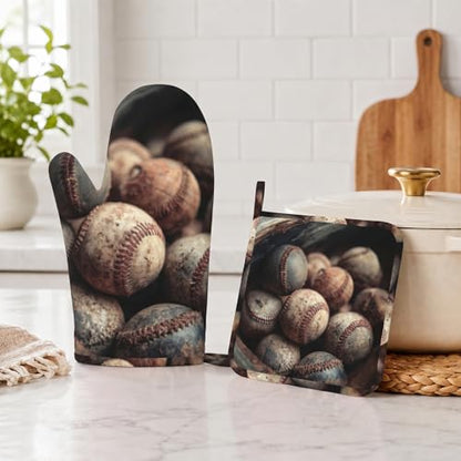 Baseball Heat-Resistant Oven Mitts and Pot Holder Kitchen Non-Slip Silicone Cooking Microwave Gloves for Cooking Baking Grilling - color: Baseball
