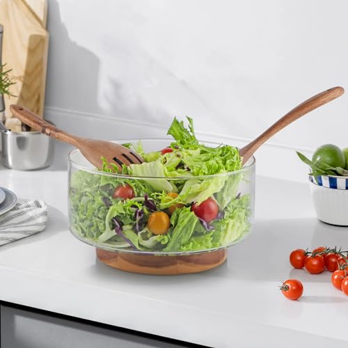 MDLUU Large Glass Salad Bowl with Wood Utensils Set, Serving Bowls for Salad, Layered Fruit Trifle