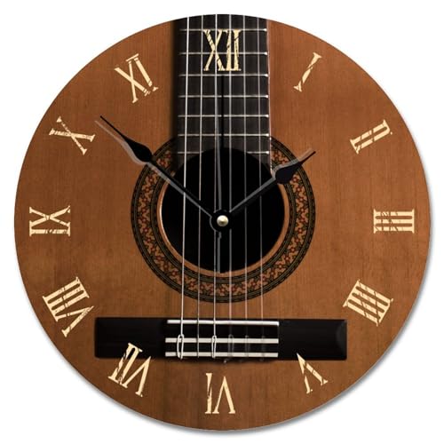 Acoustic Guitar 10 Inch Wooden Wall Clocks Battery Operated Guitar Music Style Clock Silent Non-Ticking Easy to Read Vintage Home Decor for Living Room Kitchen Bedroom Classroom - color: Style-9, size: 10x10 in