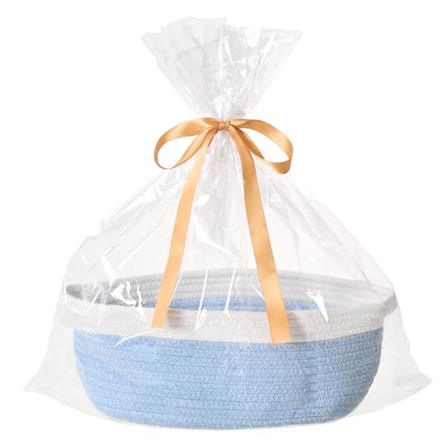 Small Woven Gift Basket Empty with Bag & Ribbon, Storage Basket for Father's Day for Dad, Baby Shower, Raffle, Birthday, Cute Organizer with Handles, 12"x8"x5", Blue&White - color: Blue&White, size: 1 Pack