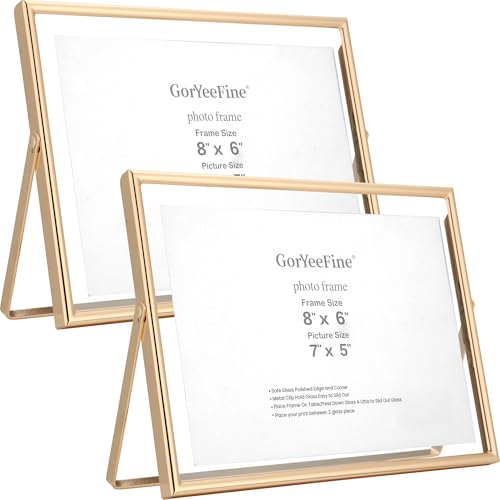Gold 8x6" Floating Frame(Horizontal) 2pack for Photo Sizes(6x4''&7x5''),Classy Gold Frames Tabletop or Shelf display,Elegant Gift Choice for Wedding,Thanksgiving,Christmas,Home or Office Decor. - color: Gold, size: 8x6'' (2PK,Round Horizontal)