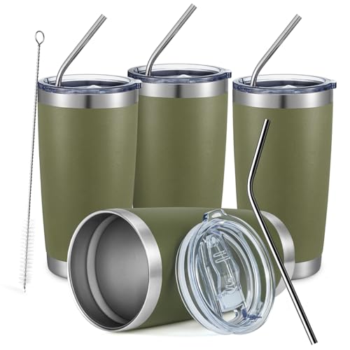 COMOOO 20oz Tumbler Bulk Double Wall Vacuum Insulated Travel Mug, Stainless Steel Tumbler with Lid and Straw Durable Powder Coated Insulated Coffee Cup for Cold & Hot Drinks (Army Green, 4 Pack - color: Army Green