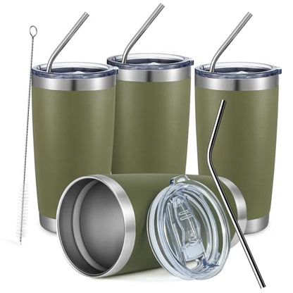 COMOOO 20oz Tumbler Bulk Double Wall Vacuum Insulated Travel Mug, Stainless Steel Tumbler with Lid and Straw Durable Powder Coated Insulated Coffee Cup for Cold & Hot Drinks (Army Green, 4 Pack - color: Army Green