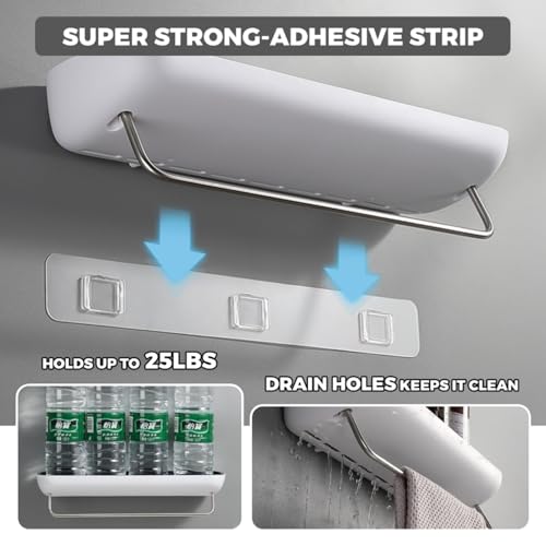 Bathroom Organizer - Wall Mounted Shower Caddy Shelf - with Towel Bar - Extra Strong Self Adhesive - No Drilling - Easy Drainage - Rustproof. (White/Gray) - color: White / Gray