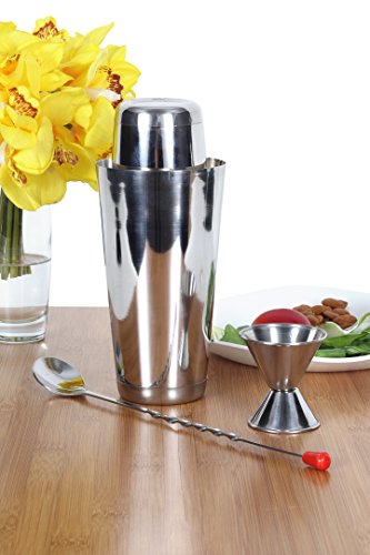 CucinaPrime 13 Piece Stainless Steel Professional Bar Set (2 Cocktail Shakers, Jigger, Speed Opener, Waiters Corkscrew, Strainer, Long Bar Spoon and 6 Black Bottle Pourers)