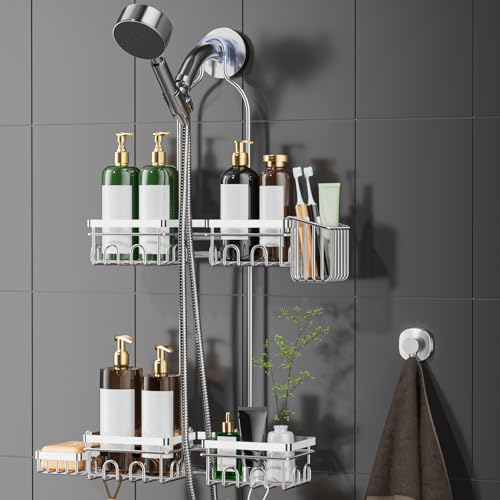 DAOYA Shower Caddy Hanging - Over Shower Head Caddy, 0.82 inch Universal with 2 Shelves, Soap Holder, Toothbrush Holder & Reusable Suction Hook, Complete Silver Bath Organizer Set
