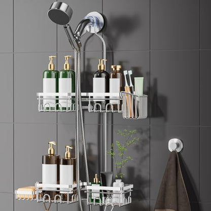 DAOYA Shower Caddy Hanging - Over Shower Head Caddy, 0.82 inch Universal with 2 Shelves, Soap Holder, Toothbrush Holder & Reusable Suction Hook, Complete Silver Bath Organizer Set