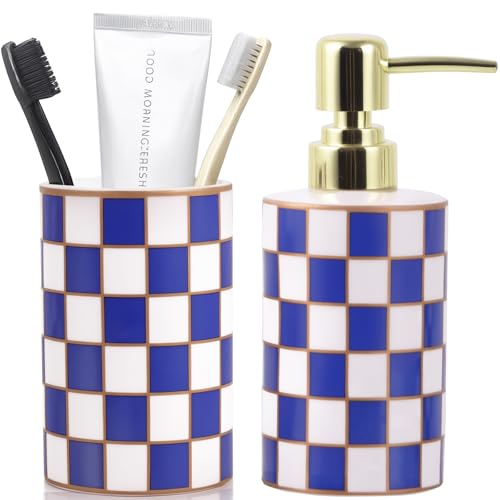 Bathroom Toothbrush Holder Set, Ceramic Checkered Soap Dispenser and Tooth Brush Holder Set, Modern Bathroom Accessories Sets Countertop, Black and White Checkered Bathroom Decor Set (Blue) - color: Blue