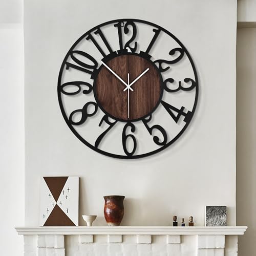LEIKE Large Wall Clocks,Silent,Non Ticking,Battery Operated Rustic Round Modern Big Wood Wall Clock for Living Room, Bedroom,Kitchen,Farmhouse,Office,Home Decor-16 Inch(Black-Arabic Number) - color: Black Wood-arabic Number, size: 16 IN