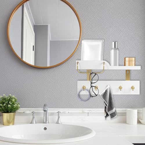 Tirzah Key Holder Wall Mount 2-Tier Real Wood White Entryway Organizer Floating Shelf with 5 Gold Metal Hooks, Sunglasses Holder Bar, Guard Rail for Keys, Mails, Hats (14" × 6" × 4")