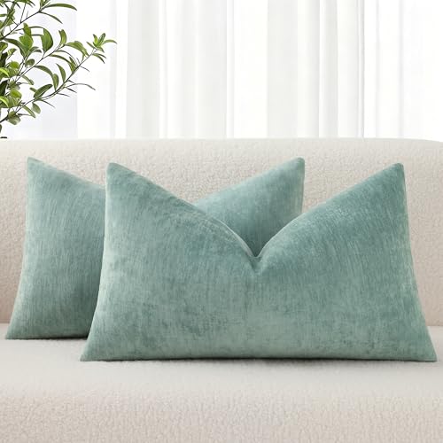 decorUhome Soft Chenille Aqua Haze Throw Pillow Covers 12X20 Set of 2 | Decorative Fall Couch Pillow Covers Solid Dyed Accent Modern Farmhouse Neutral Rectangle Pillow Cases for Sofa - color: Aqua Haze, size: 20" x 12" (Pack of 2)