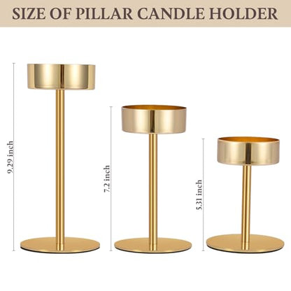 Pillar Candle Holders Set of 3, 3.15" Diameter Gold Candlestick Holder | for Pillar & Flameless Candles. Metal Ideal decoration for Table,Fireplace,Living,Dining Room,Perfect for Wedding,House Gift