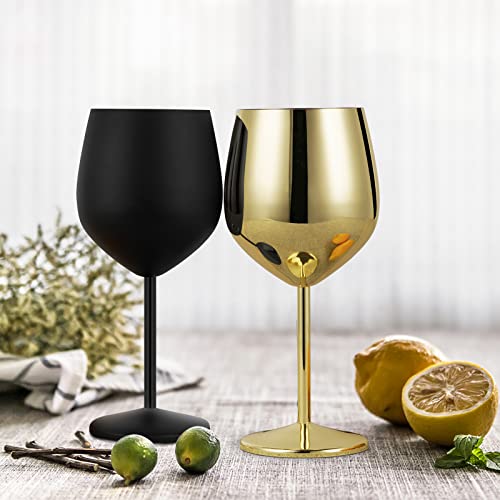Lifecapido Stainless Steel Wine Glasses Set of 4, 18oz Stainless Steel Wine Goblets, Metal Wine Glasses with Cup Brush for Party Office Wedding Anniversary, Great for Red White Wine, Gold and Black - color: Gold and Black