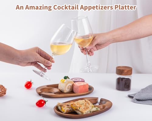 Wine Appetizer Plates, Acacia Mini Cheese Boards with Built-in Glass Holder, Wood Individual Cocktail Charcuterie Plates, Serving Platters Boards for Gatherings, Entertaining, Set of 4 - color: Acacia Wood 4pcs