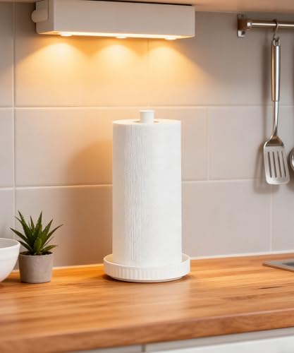 Paper Towel Holder, Ceramic Heavy Plate Base Wobble-Free, Roll Stand-White | Effortless Cleaning and Easy to Assemble, Super Large for Triple Rolls, High End Looking as a Good Gift for Kitchen Island - color: Chic White