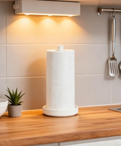 Paper Towel Holder, Ceramic Heavy Plate Base Wobble-Free, Roll Stand-White | Effortless Cleaning and Easy to Assemble, Super Large for Triple Rolls, High End Looking as a Good Gift for Kitchen Island - color: Chic White
