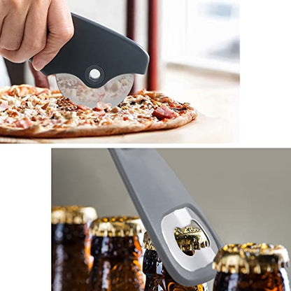 5 Pieces Kitchen Gadgets Set with Storage Bag, Cooking Gift Set | Space Saving Cooking Tools Accessories, Cheese Chocolate Grater, Peeler, Bottle Opener, Pizza Cutter, Stackable - color: Black White Gray 4pcs