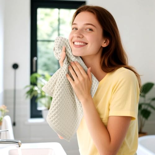 Jacquotha Waffle Hand Towels 2-Piece (Mist White) – Cotton, Quick Dry, Lint Free, 13” x 29” - color: Mist White