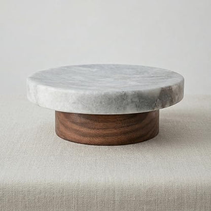 astavohome White Marble & Walnut Round Pedestal Display Riser, 4.7 x 2 in | White marble top with North American walnut wood base for candles, jewelry, keys, vanity accessories, or decor.
