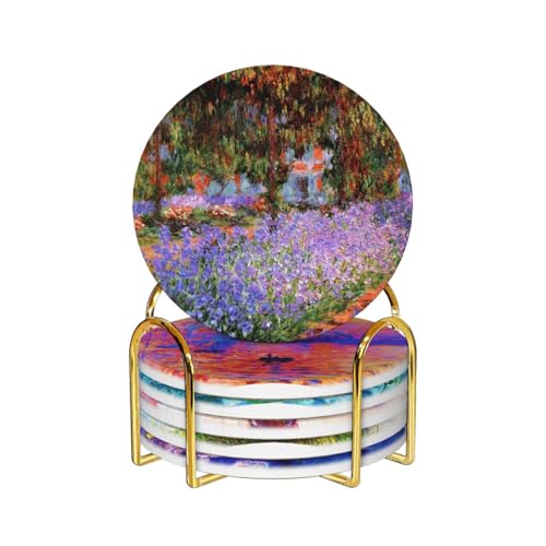 Coaster for Drinks Set of 6,Famous Claude Monet Paintings Absorbent Round Ceramic Stone Mat, with Cork Base and Metal Holder, Gift for Housewarming Room Bar Decor - color: F10 - Claude Monet