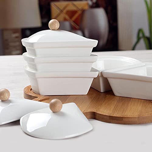 Ceramic Divided Serving Dishes with Lids and Bamboo Platter, 5 Removable Dipping Bowls Relish Tray Nuts Dishes for Appetizer, Chips, Fruits, Candy, Condiment
