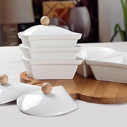 Ceramic Divided Serving Dishes with Lids and Bamboo Platter, 5 Removable Dipping Bowls Relish Tray Nuts Dishes for Appetizer, Chips, Fruits, Candy, Condiment