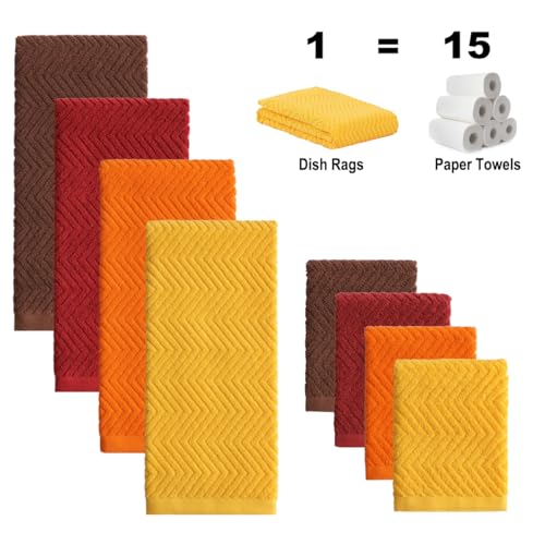 100% Cotton Kitchen Towels and Dishcloths Set, Pack of 8 Super Absorbent 16" x 25" Kitchen Towels and 13" x 13" Dish Cloths (400 GSM) - color: Autumn Set, style: 8-Piece Set