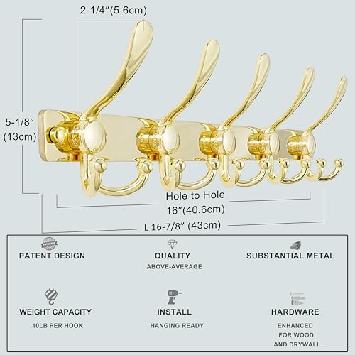 Coat Rack Wall Mount, Heavy Duty 12-Gauge Base vs Flimsy 1mm, Double-Thick Solid Anti-Snap Hooks, 16” Stud-Mount, Stainless Steel Hanger for Clothes Hat Entryway Closet Mudroom, Gold - color: Gold, size: L=17" (1pcs)
