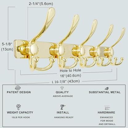 Coat Rack Wall Mount, Heavy Duty 12-Gauge Base vs Flimsy 1mm, Double-Thick Solid Anti-Snap Hooks, 16” Stud-Mount, Stainless Steel Hanger for Clothes Hat Entryway Closet Mudroom, Gold - color: Gold, size: L=17" (1pcs)