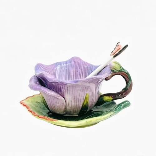 Ceramic Tea Cup and Saucer Set ，6OZ 3D Hand-Painted Flower and Lotus Leaf Coffee Mug，Gift for Women- Pinkish Purple Rose - color: Pinkish Purple