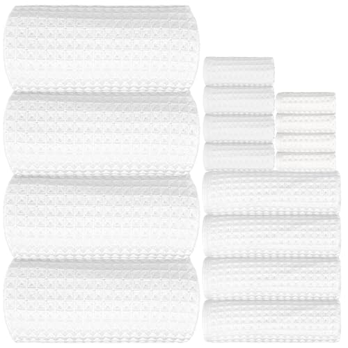 16 Piece Thick White Waffle Bath Towel Set, 100% Cotton | Bathroom Towel Set, Highly Absorbent and Quick Dry, Soft Waffle Weave Towel, for Bathroom, Hotel, Spa, Gym Daily Use - color: White, size: 16 Piece Towel Set