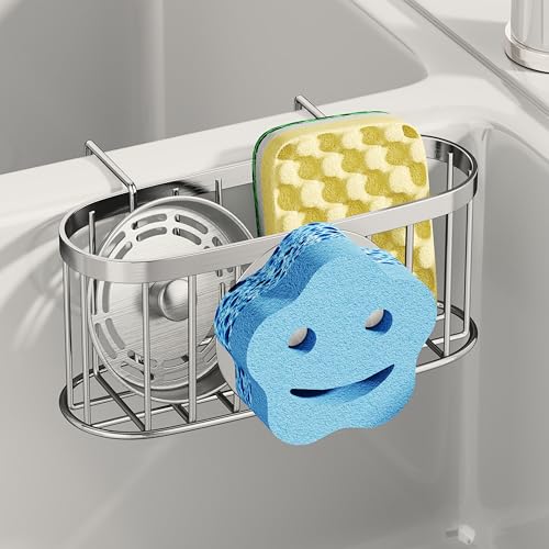 SWTYMIKI Sponge Holder for Kitchen Sink - Movable Sink Caddy with Smiley Face Sponge Holder, Rustproof Hanging Sponge Organizer in Double Bowl Sinks Depth>3.15in, Middle Divider<1.5in, Silver - color: Silver-smiley Sponge Holder