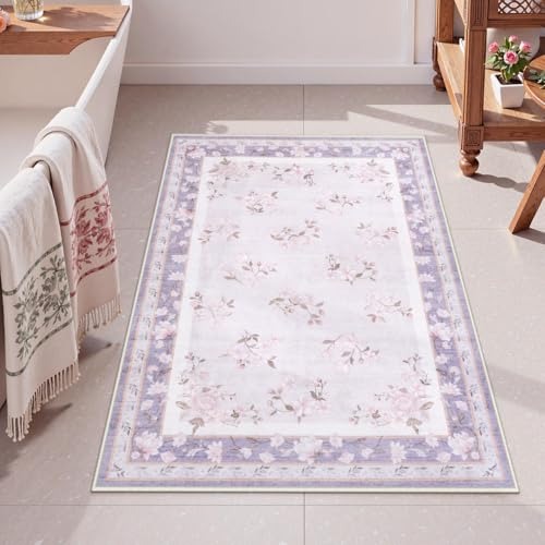 LIVEBOX Floral Washable Rug 2x3, Lavender Bathroom Rugs Non Slip Soft Bedroom French Country Rug, Ultra Thin Flower Small Throw Rug for Entryway Indoor Door Mat for Kitchen, Purple - color: Purple, size: 2' x 3' (Rectangular)