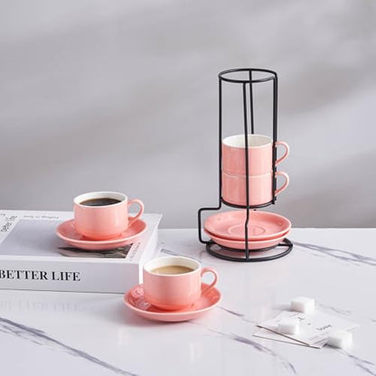 YOLIFE 2.5oz Espresso Cups Set of 4, Porcelain Stackable Espresso Cups, Expresso Shots Cup Set with Saucers and Metal Stand-Pink - color: Pink, size: 2.5oz