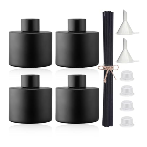 4PCS 100ML Glass Diffuser Bottles Black, Refillable Empty Perfume Fragrance Reed Bottles with 20pcs Reeds Sticks & Caps & Funnel, Diffuser Jars for DIY Fragrance Oil Wedding Party Decoration Gift
