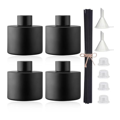 4PCS 100ML Glass Diffuser Bottles Black, Refillable Empty Perfume Fragrance Reed Bottles with 20pcs Reeds Sticks & Caps & Funnel, Diffuser Jars for DIY Fragrance Oil Wedding Party Decoration Gift