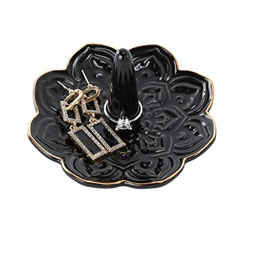 Ceramic Black Mandala Jewelry Holder Decorative Ring Holder/Trinket Tray Birthday Valentine Engagement Wedding Gifts for Women Her - color: Black
