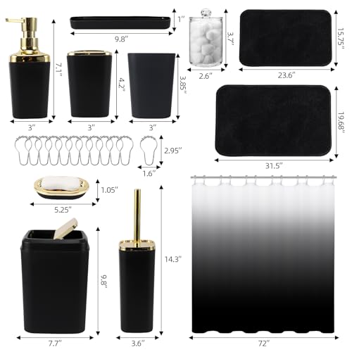 XLHOMO Bathroom Set - Black Bathroom Accessories Set, Bathroom Sets with Shower Curtain and Rugs, 24PC Shower Curtain Set with Hooks, Soap Dispenser, Soap Dish, Toilet Brush Holder and Trash Can - color: Gold and Black, size: Bathroom Set+Shower Curtain+B