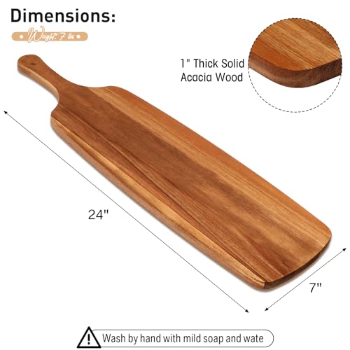 Kathfly 3 Pcs Acacia Wood Cutting Board with Handle Wooden Laser Kitchen Serving Charcuterie Board for Vegetables Meat Pizza Cheese Fruit Bread(24 x 7 Inch) - size: 24 x 7 Inch