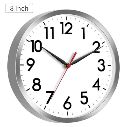 AKCISOT 8 Inch Wall Clock, Silent Battery Operated Analog Clock, Silver | Small Size | Bedroom | Office | Kitchen | Bathroom | Classroom | Modern | Easy to Read - color: B_silver, size: 8 Inch