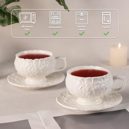 KAMMAK Tea Cups and Saucers Set of 2, 8.5 oz Porcelain Coffee Cups, 560N | Stackable Espresso Mugs, Ceramic Demitasse for Coffee, Cappuccino, Latte, Americano, Tea - size: 7KPSP560N