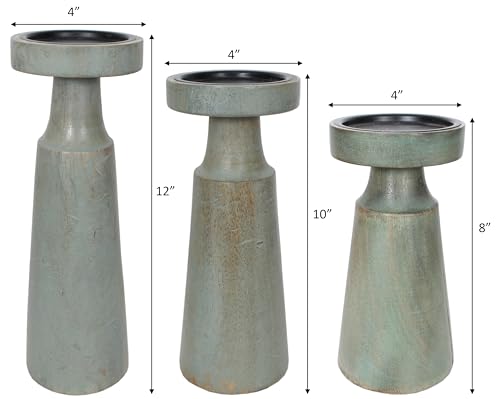 Set of 3 Pieces Wood Pillar Candle Holders, Mango Wooden Candlesticks Holders 12 Inch, 10 Inch, 8 Inch Height (Sage) - color: Sage