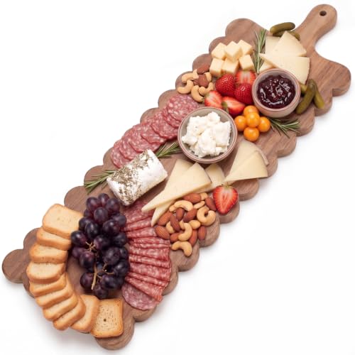 30"x 8" Long Scalloped Charcuterie Board Large Acacia Wooden Cheese Board with Handle & Rope Hanger Decorative Serving Platter for Snacks Appetizers, Housewarming & Entertaining Gift - size: 30"x8"