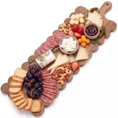 30"x 8" Long Scalloped Charcuterie Board Large Acacia Wooden Cheese Board with Handle & Rope Hanger Decorative Serving Platter for Snacks Appetizers, Housewarming & Entertaining Gift - size: 30"x8"