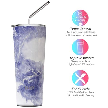 THILY Stainless Steel Vacuum Insulated Tumbler 26 oz Triple-Insulated Travel Mug with Splash-Proof Lid, for Iced Coffee and Hot Beverage, Gold Marble + Blue Marble - color: Gold Marble + Blue Marble, size: 26 Ounce (Pack of 1)