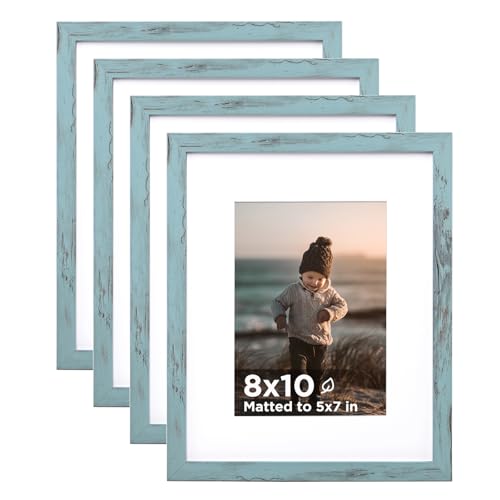 8x10 Picture Frame Turmaline Blue Set of 4, Wooden Photo Frames Matted 5x7 with Plexiglass for 5x7 with Mat or 8x10 without Mat for Table and Wall Display - color: Turmaline Blue, size: 8x10