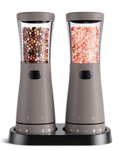 Electric Salt and Pepper Grinder Set with Storage Base, Stainless Steel Rechargeable Salt and Pepper Grinder Set with 4.5 oz Large Capacity, 1.8" Wide Mouth, Adjustable Coarseness, Ideal for Kitchen - color: Light Gray
